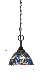Chain One Light Mini Pendant in Black Copper with Blue Mosaic Art Glass Shade