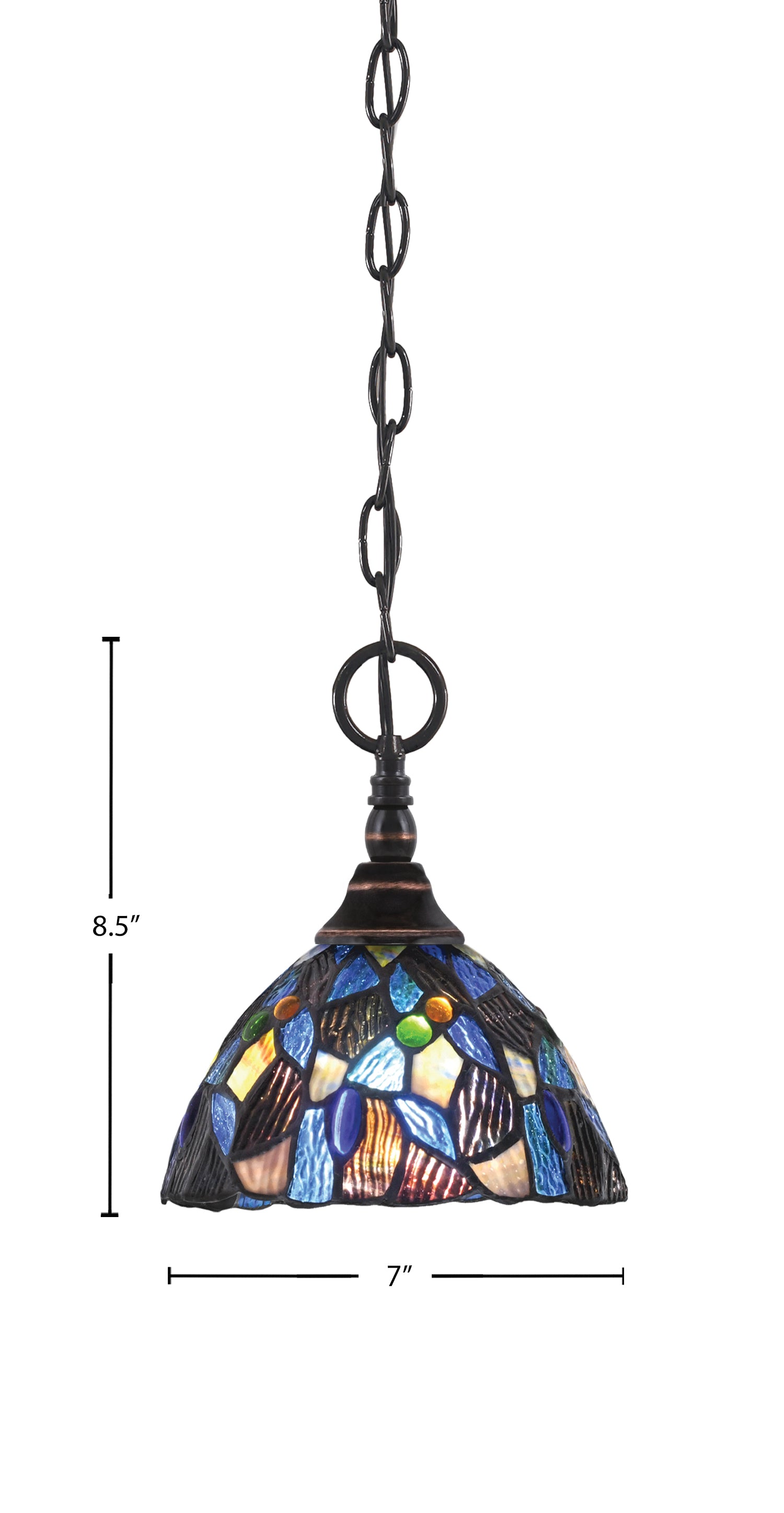 Chain One Light Mini Pendant in Black Copper with Blue Mosaic Art Glass Shade