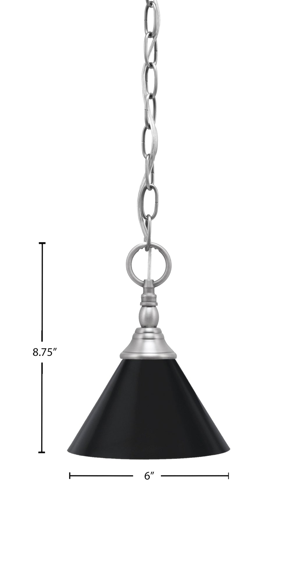 Chain One Light Mini Pendant in Brushed Nickel with Matte Black Cone Metal Shade Shade