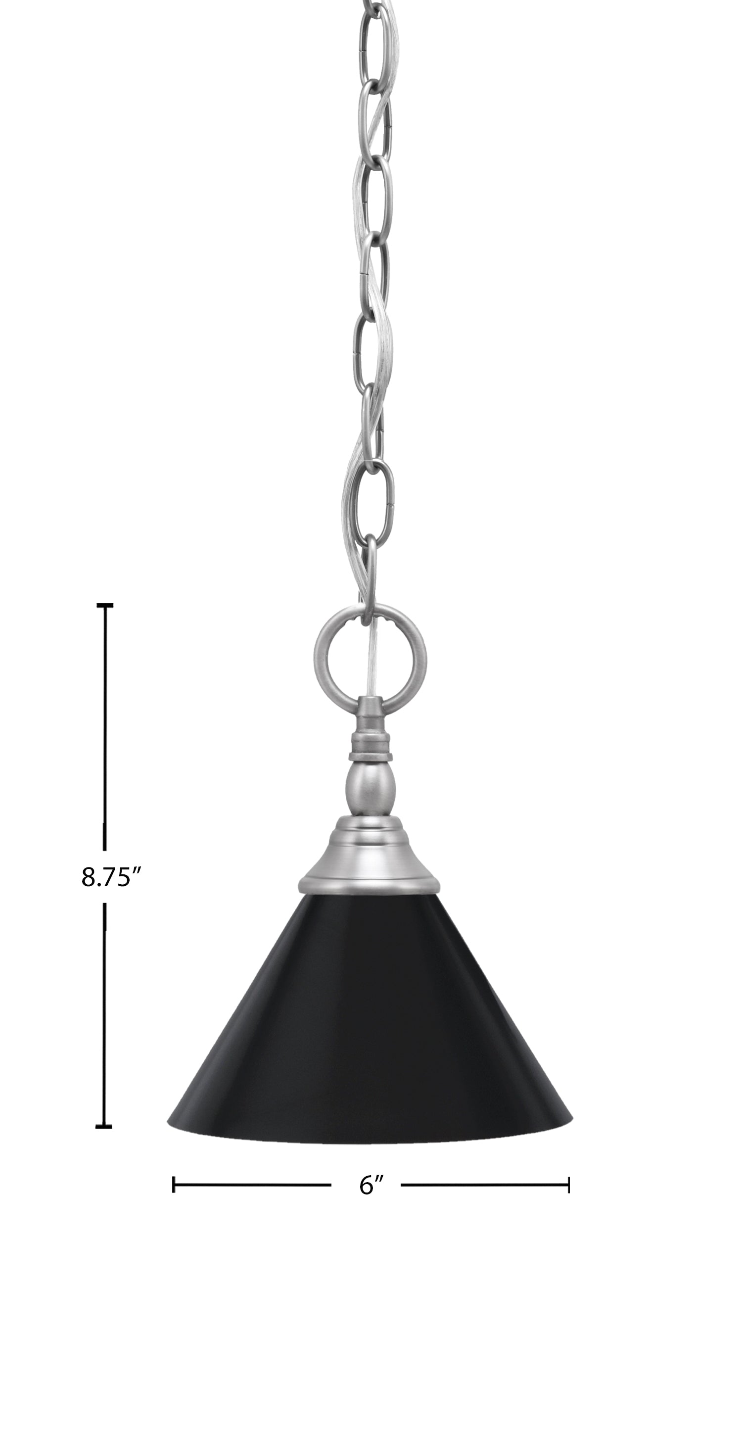 Chain One Light Mini Pendant in Brushed Nickel with Matte Black Cone Metal Shade Shade