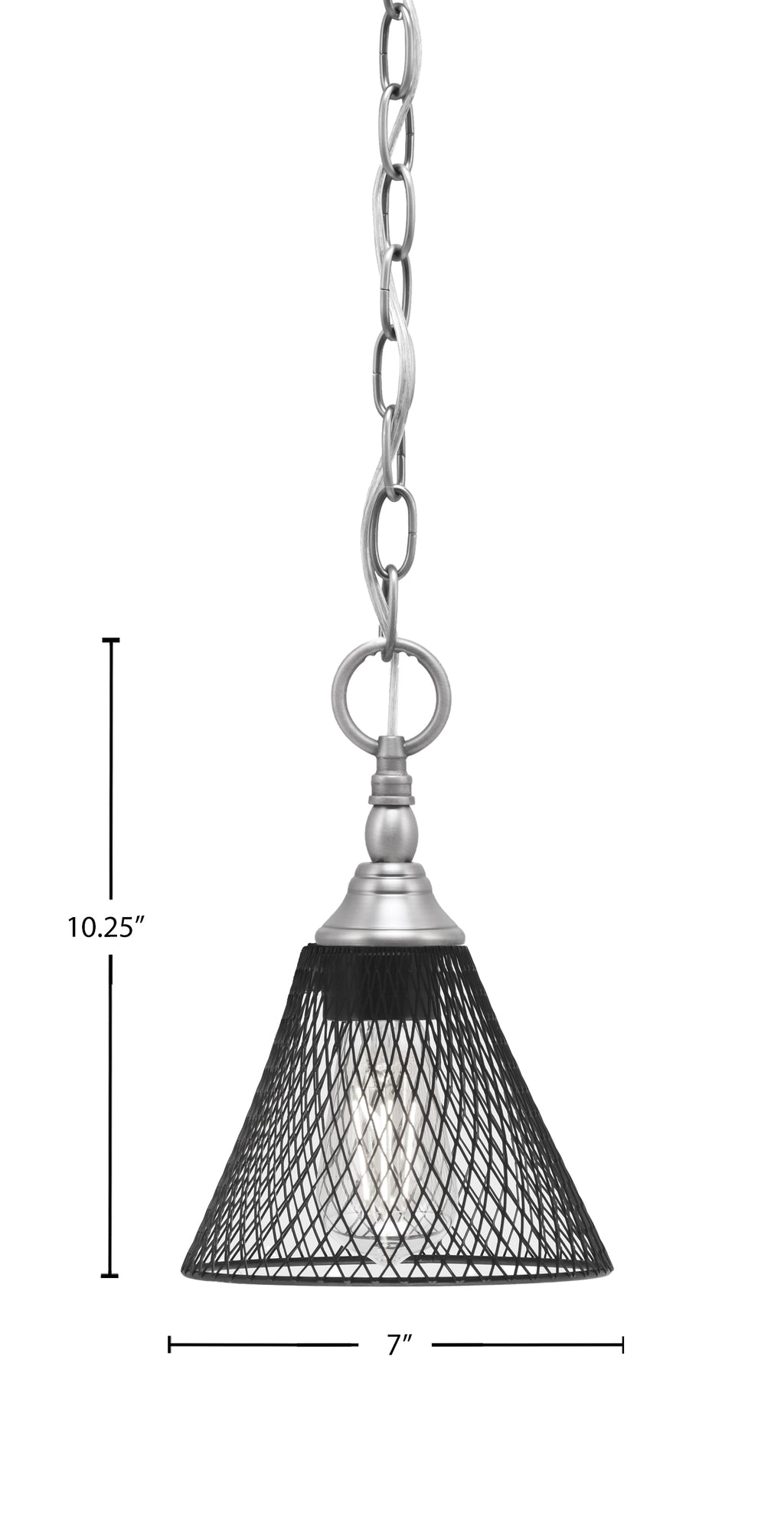 Chain One Light Mini Pendant in Brushed Nickel with Matte Black Cone Mesh Metal Shade Shade