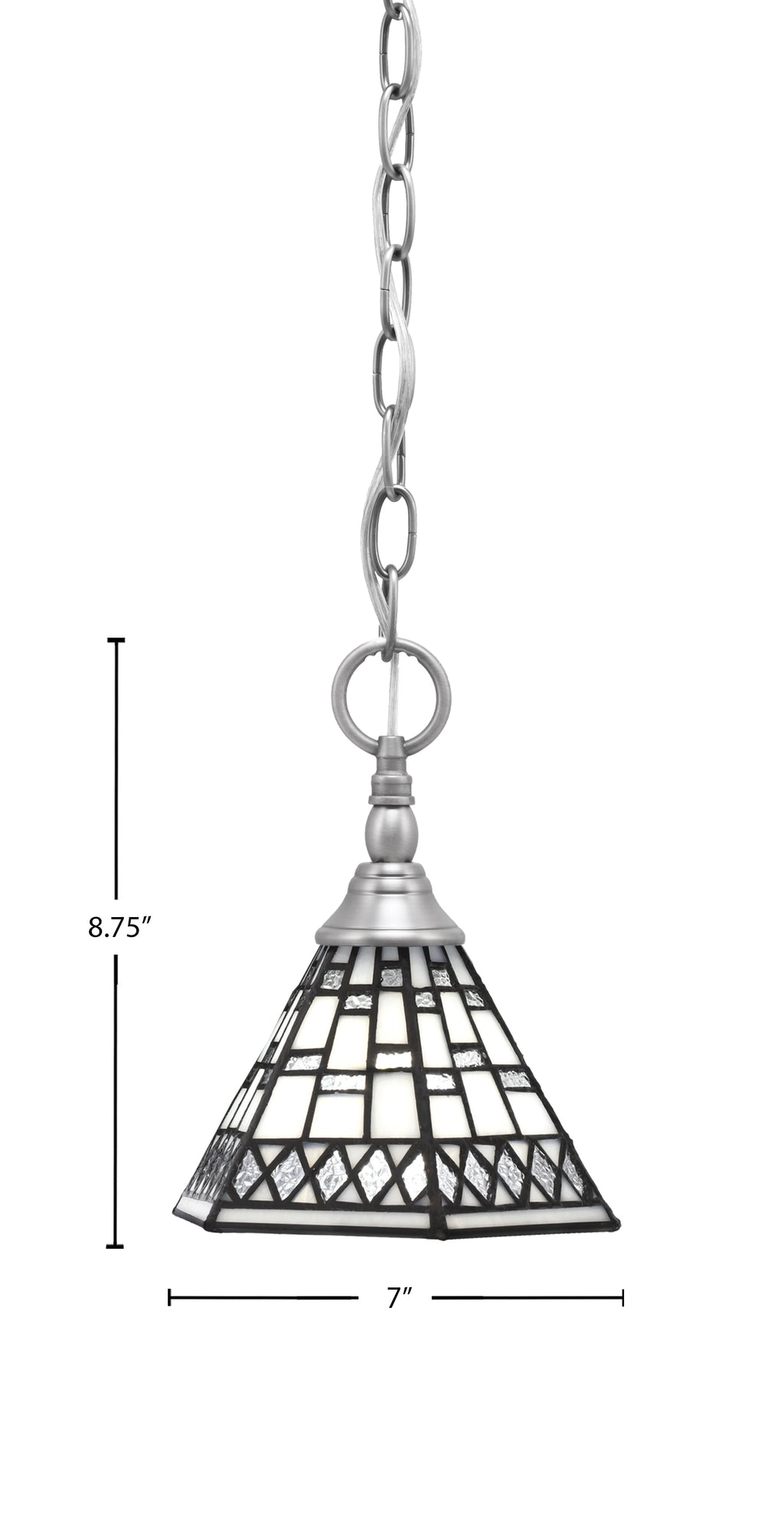 Chain One Light Mini Pendant in Brushed Nickel with Pewter Art Glass Shade