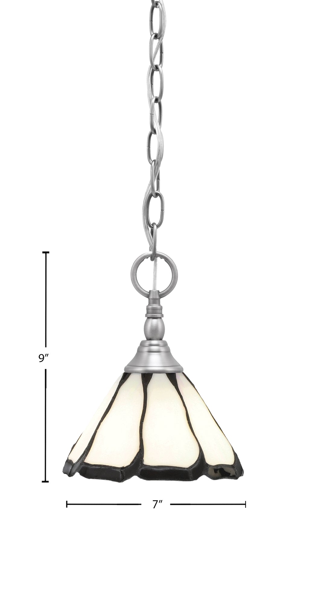 Chain One Light Mini Pendant in Brushed Nickel with Pearl & Black Flair Art Glass Shade