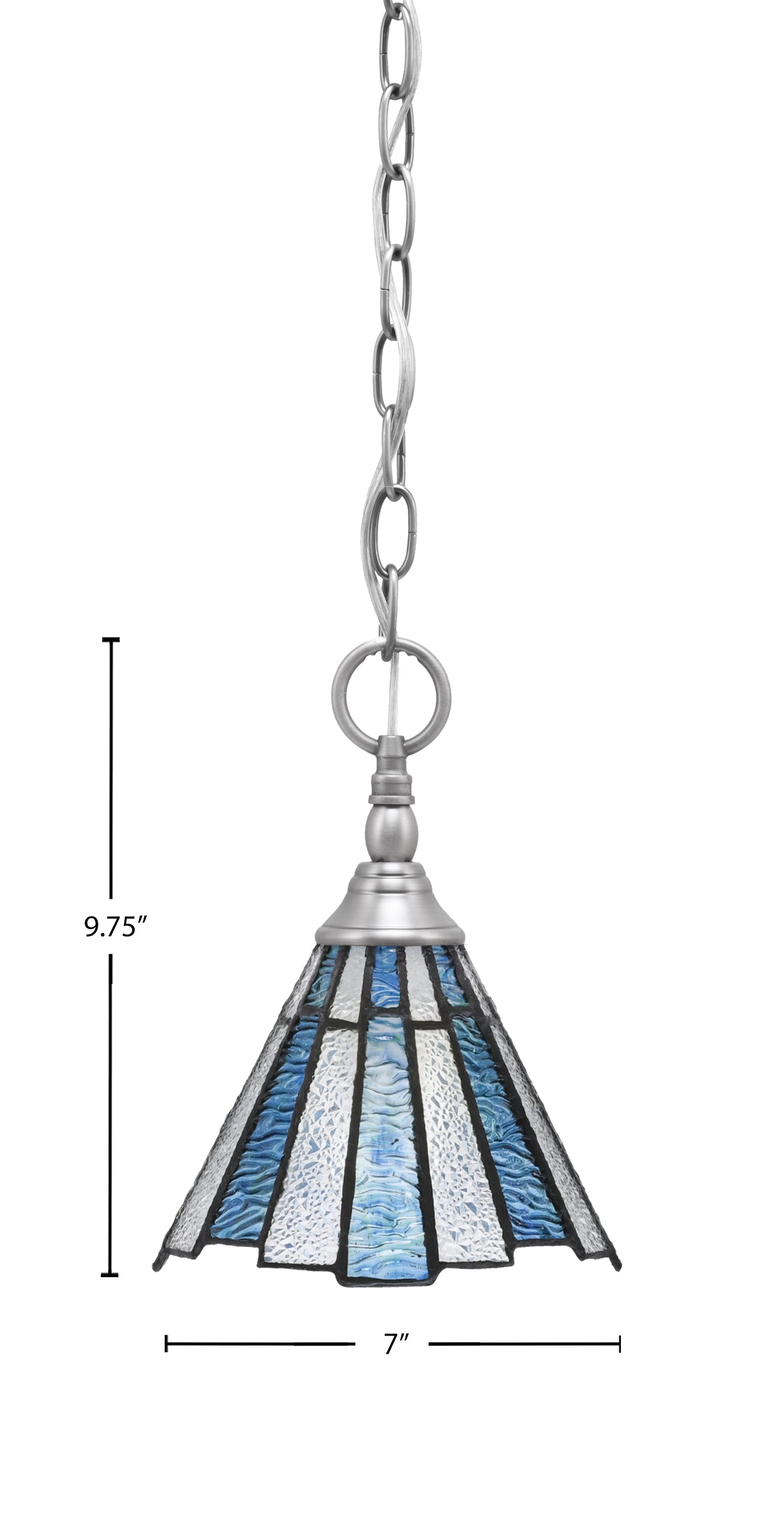Chain One Light Mini Pendant in Brushed Nickel with Sea Ice Art Glass Shade