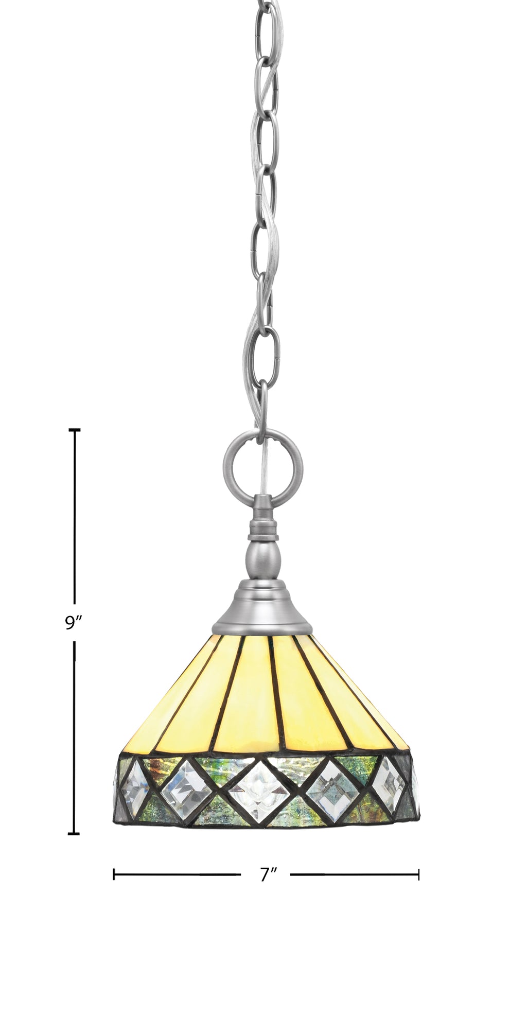 Chain One Light Mini Pendant in Brushed Nickel with Diamond Peak Art Glass Shade