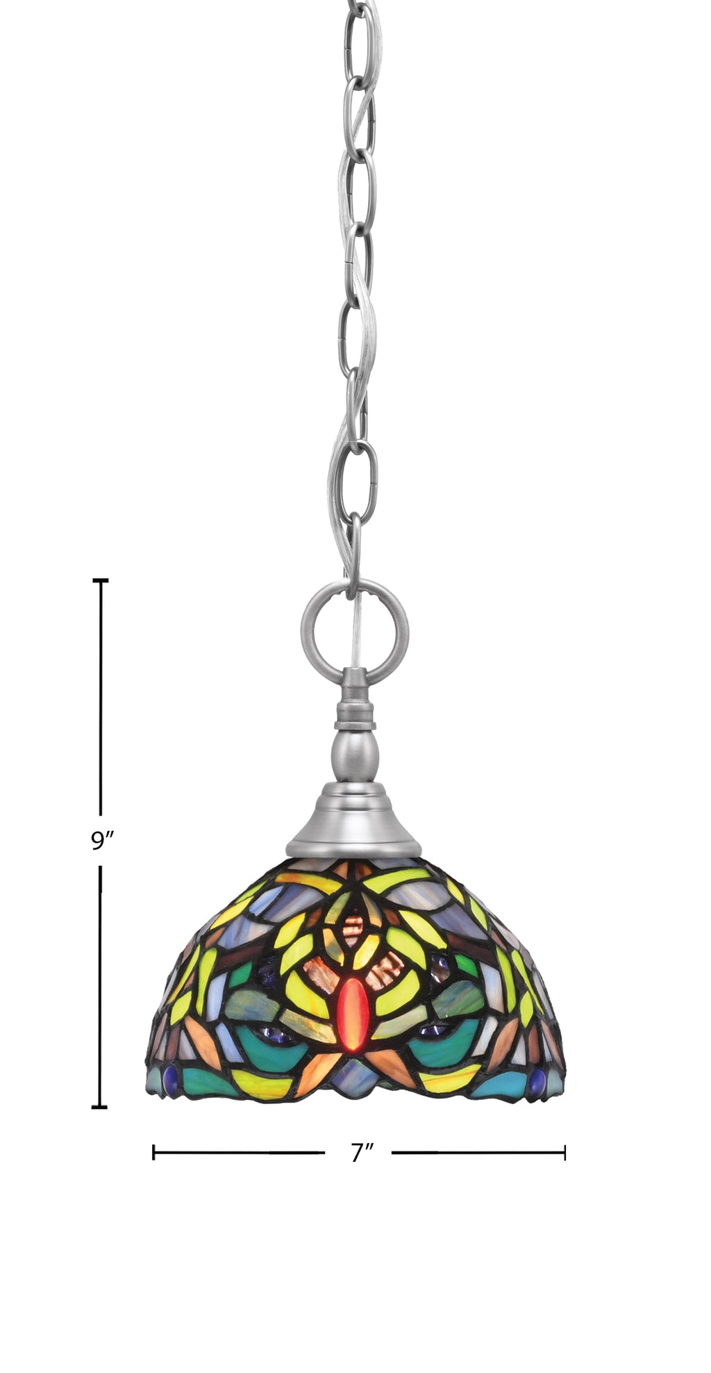 Chain One Light Mini Pendant in Brushed Nickel with Kaleidoscope Art Glass Shade