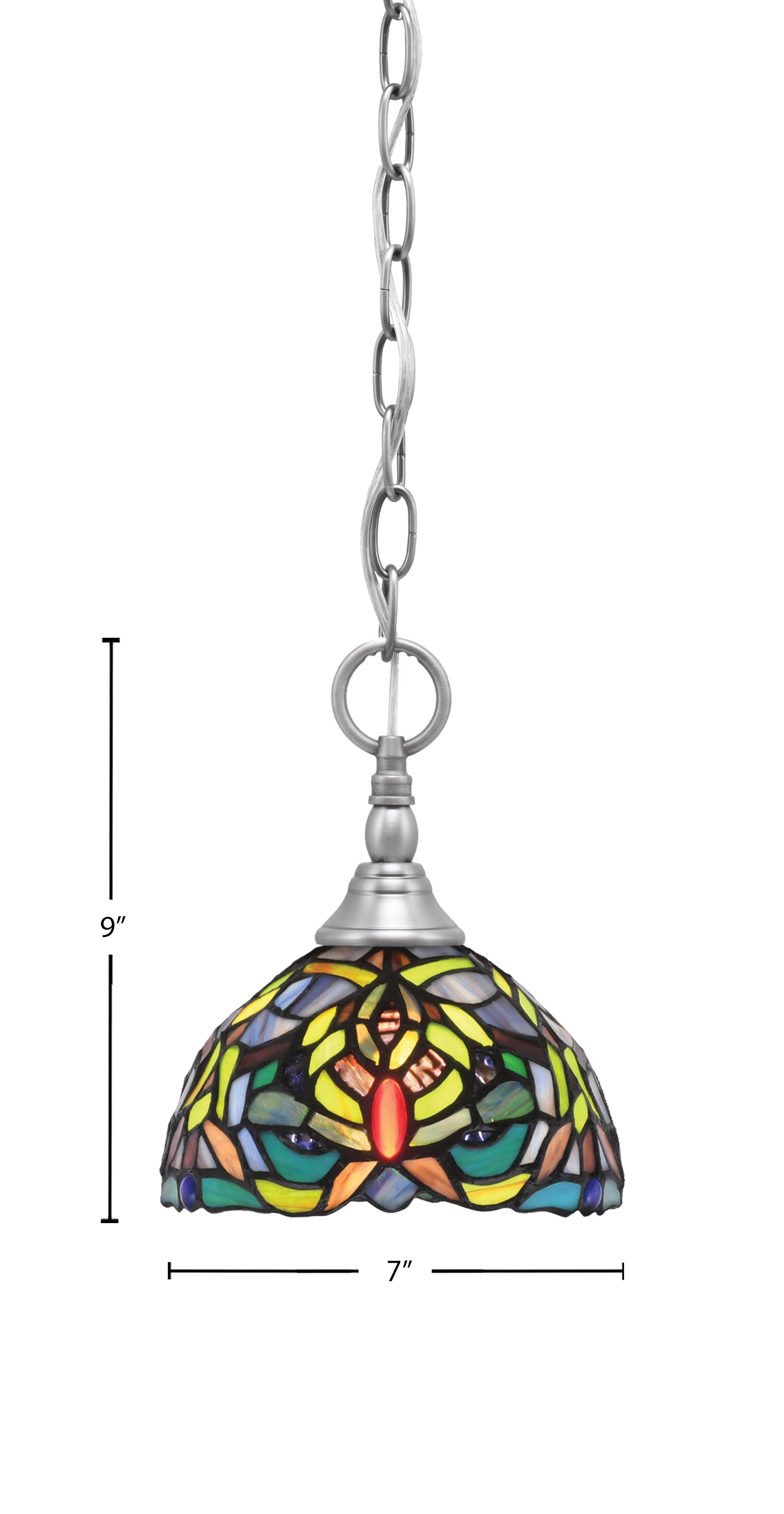 Chain One Light Mini Pendant in Brushed Nickel with Kaleidoscope Art Glass Shade
