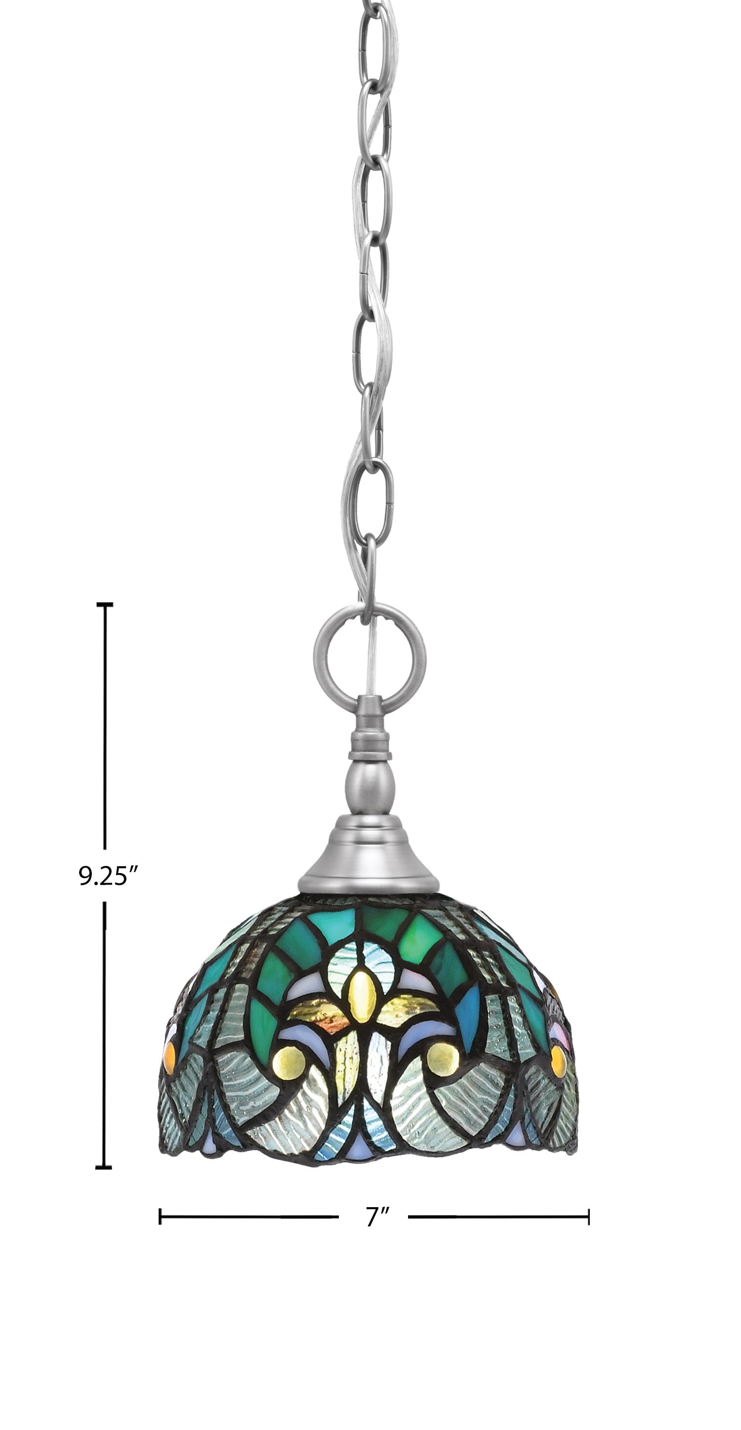 Chain One Light Mini Pendant in Brushed Nickel with Turquoise Cypress Art Glass Shade