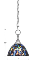 Chain One Light Mini Pendant in Brushed Nickel with Blue Mosaic Art Glass Shade