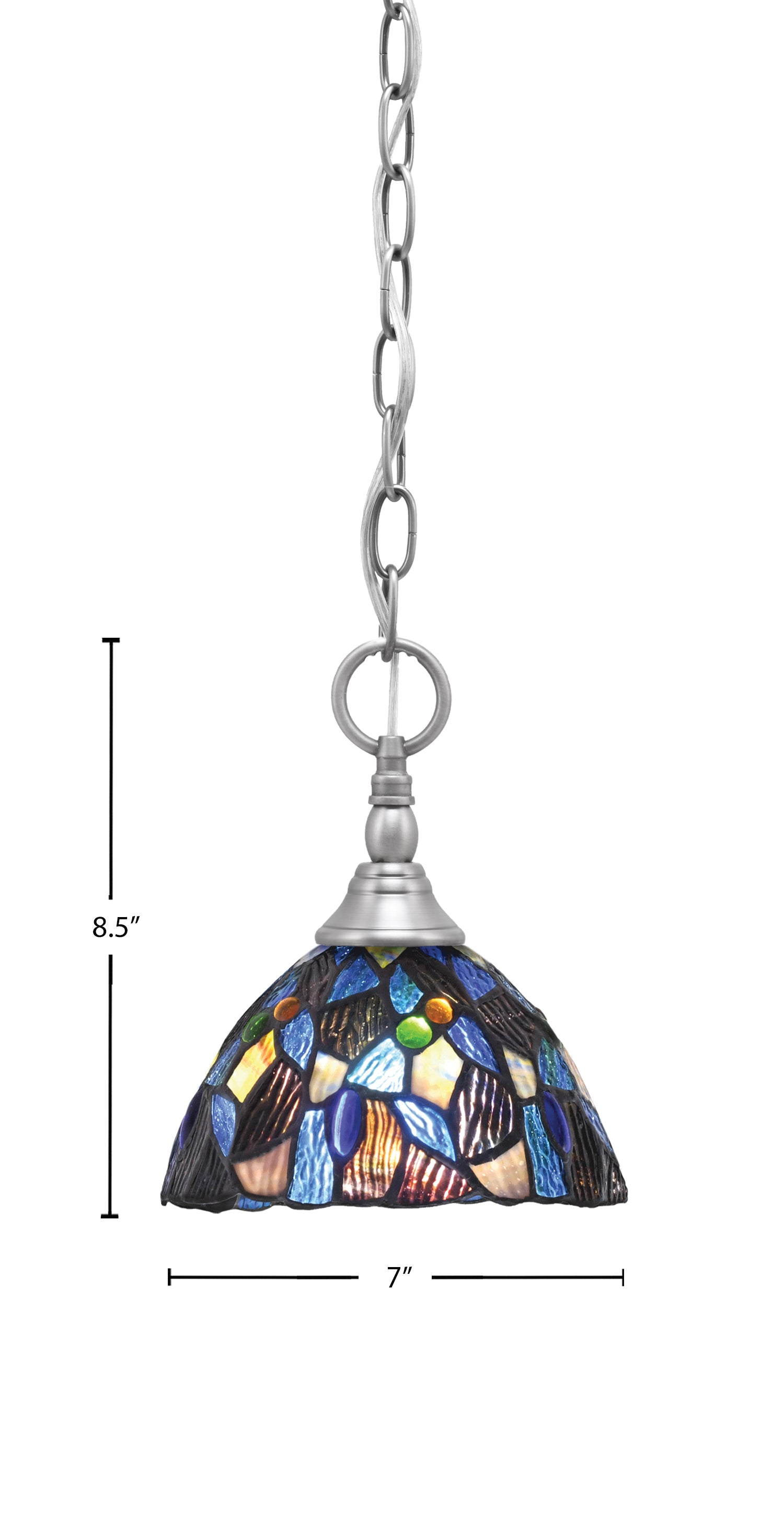 Chain One Light Mini Pendant in Brushed Nickel with Blue Mosaic Art Glass Shade