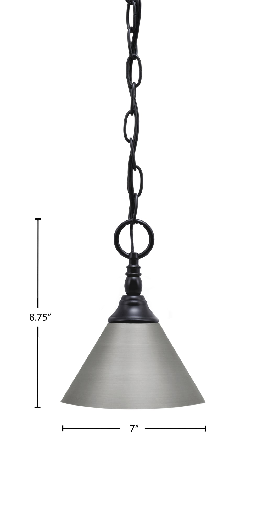 Chain One Light Mini Pendant in Brushed Nickel with Brushed Nickel Cone Metal Shade Shade