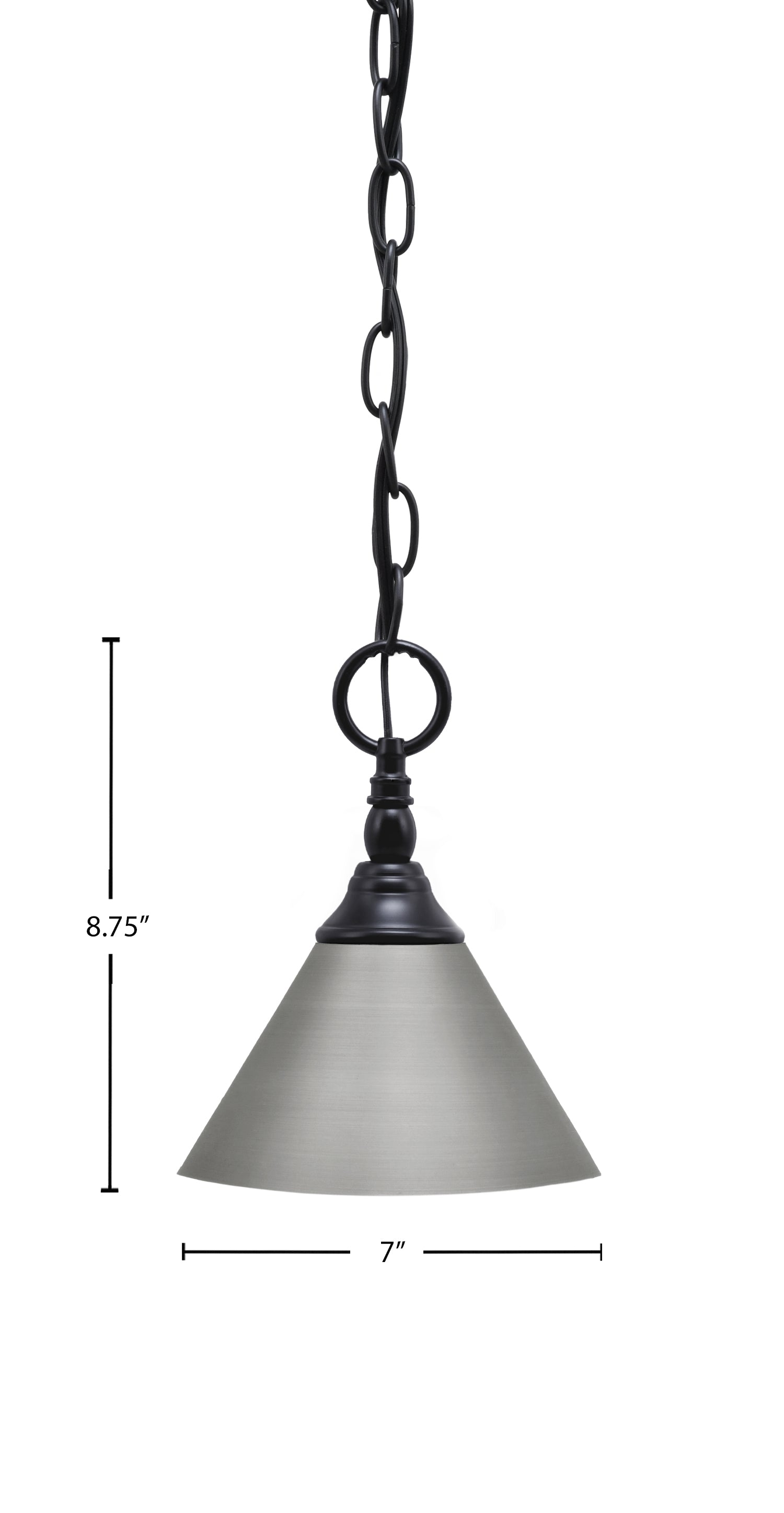 Chain One Light Mini Pendant in Brushed Nickel with Brushed Nickel Cone Metal Shade Shade