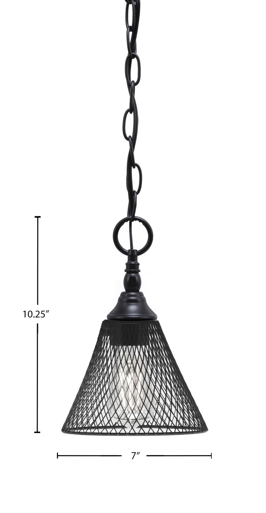 Chain One Light Mini Pendant in Matte Black with Matte Black Cone Mesh Metal Shade Shade