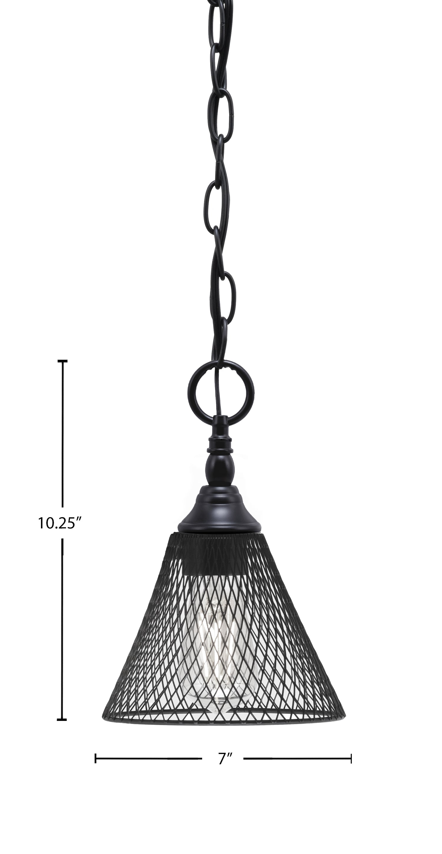 Chain One Light Mini Pendant in Matte Black with Matte Black Cone Mesh Metal Shade Shade
