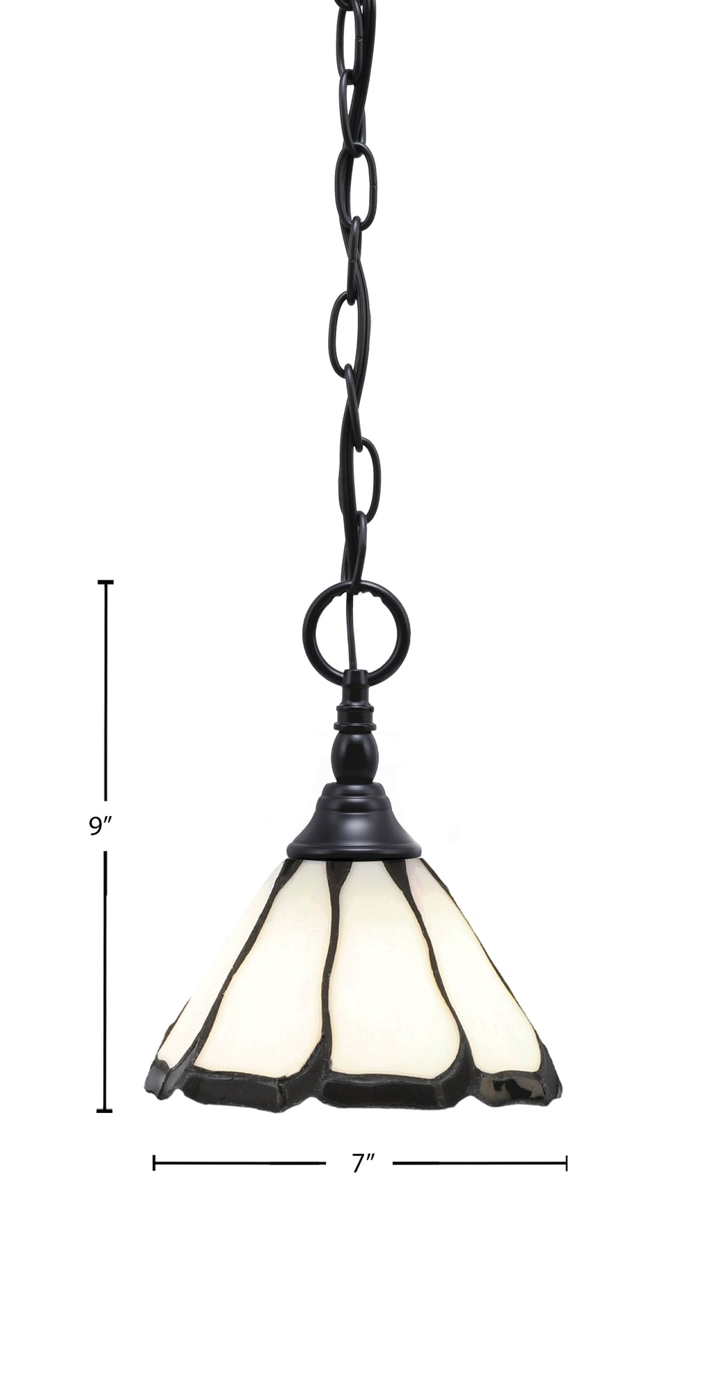Chain One Light Mini Pendant in Matte Black with Pearl & Black Flair Art Glass Shade