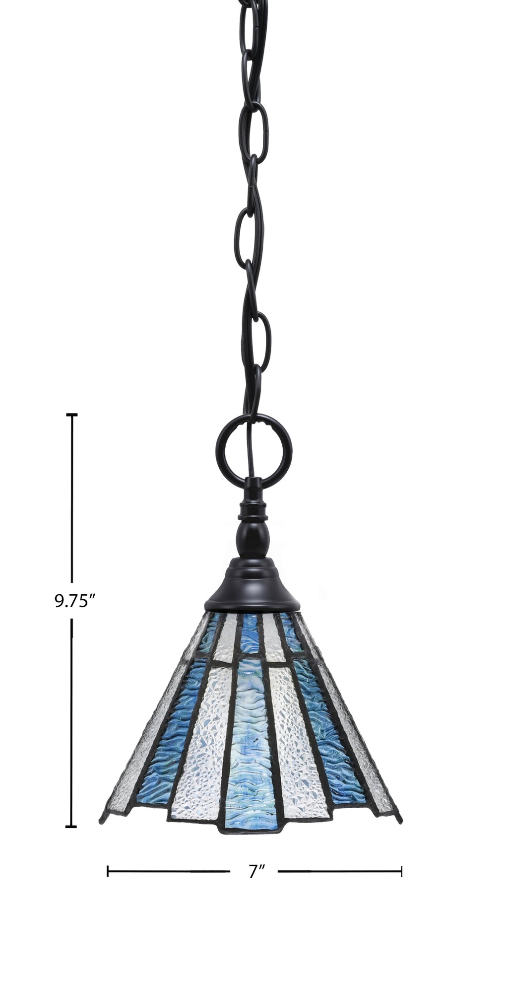 Chain One Light Mini Pendant in Matte Black with Sea Ice Art Glass Shade