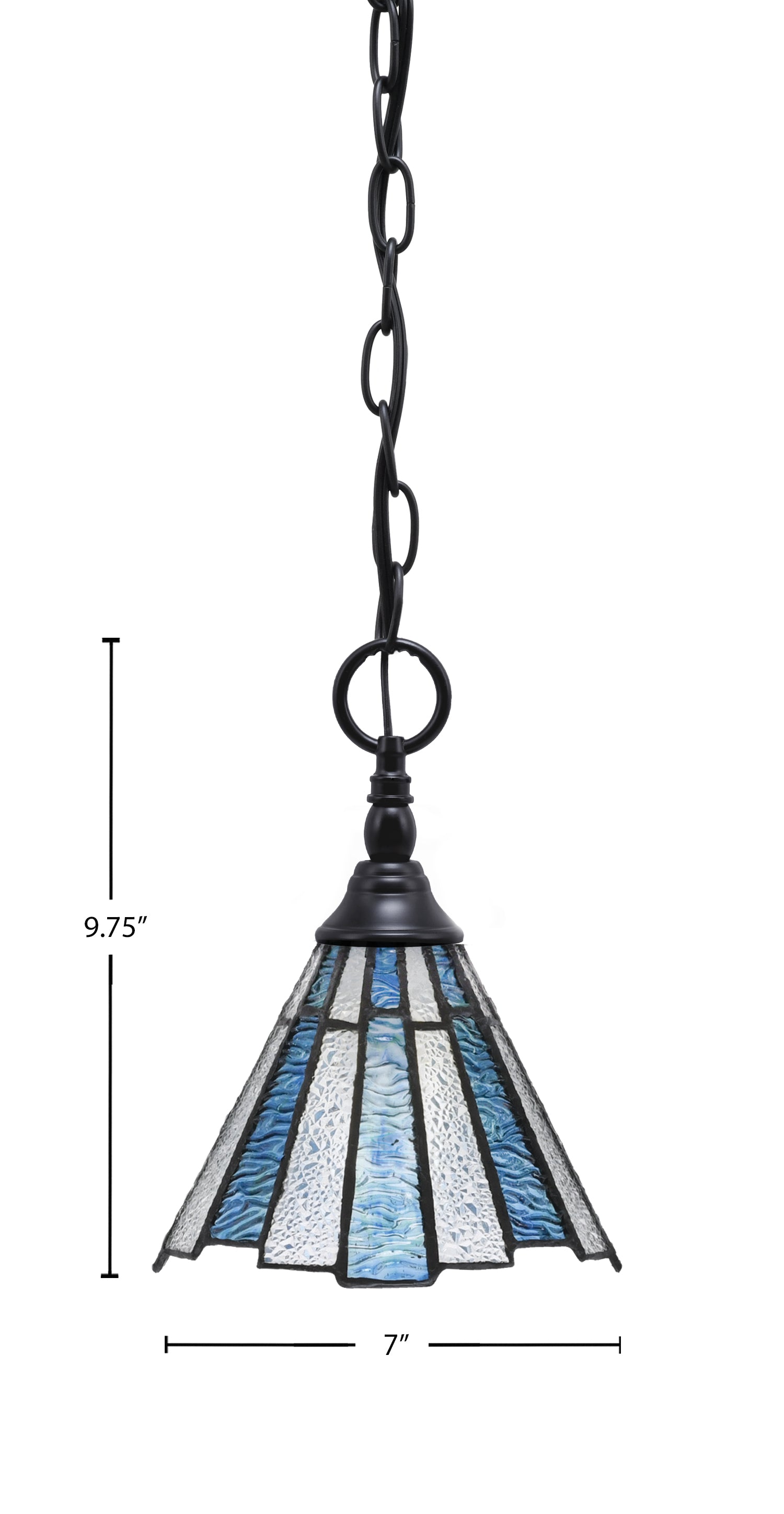 Chain One Light Mini Pendant in Matte Black with Sea Ice Art Glass Shade