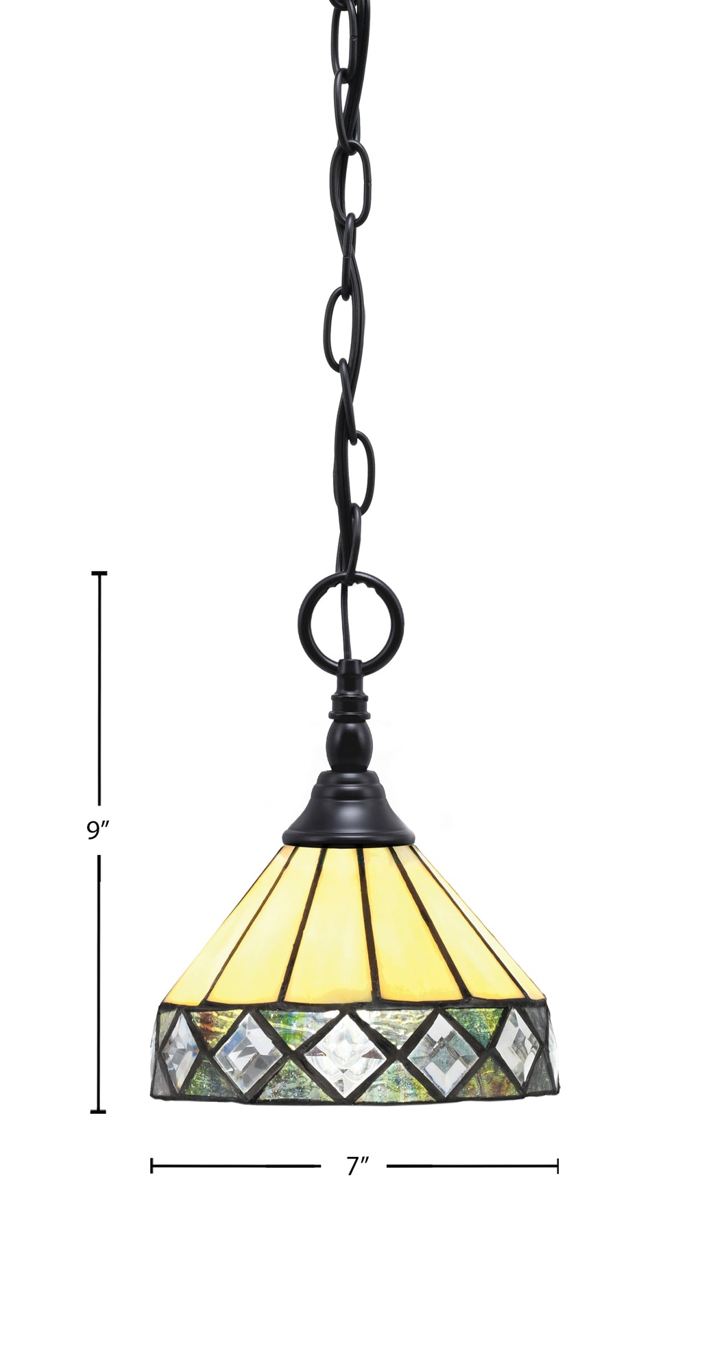 Chain One Light Mini Pendant in Matte Black with Diamond Peak Art Glass Shade