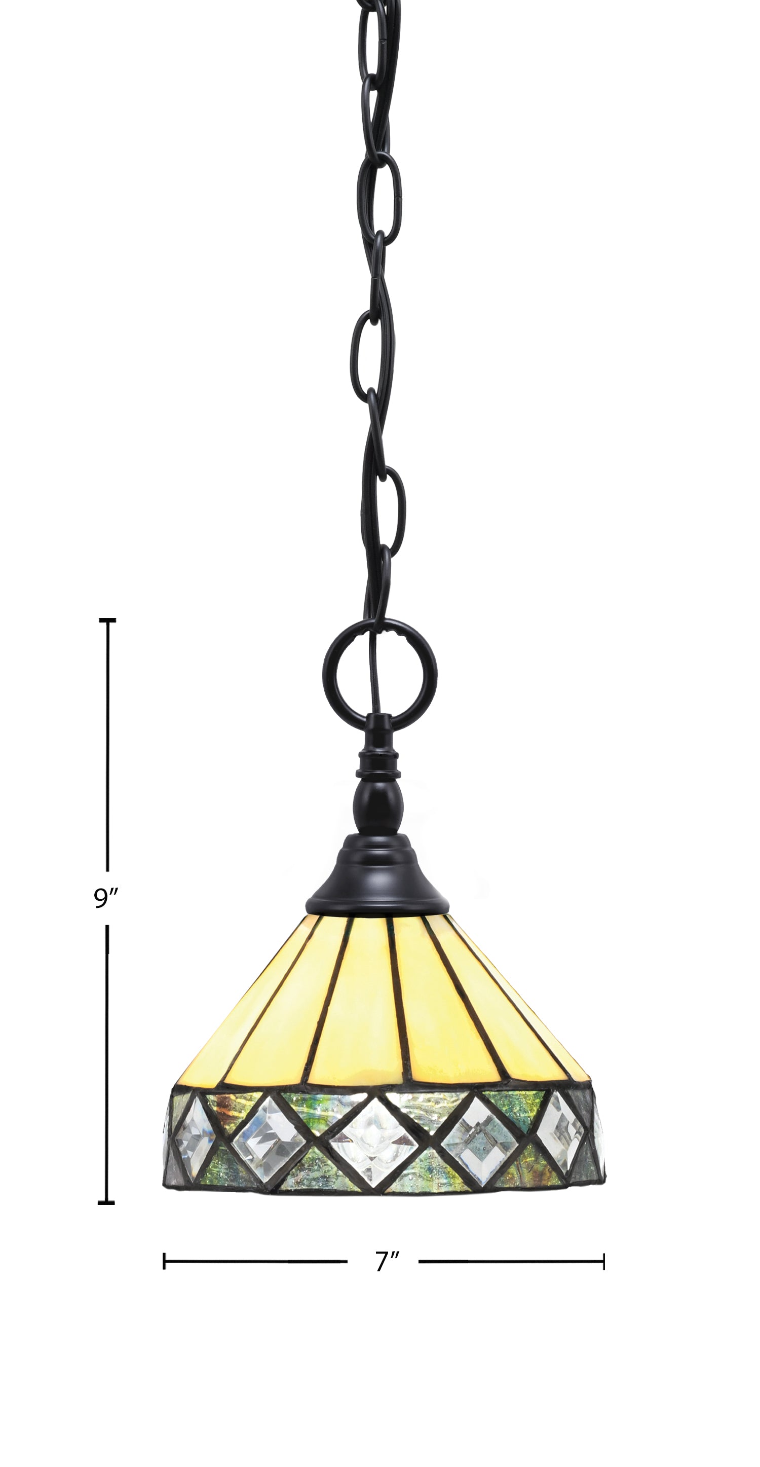 Chain One Light Mini Pendant in Matte Black with Diamond Peak Art Glass Shade