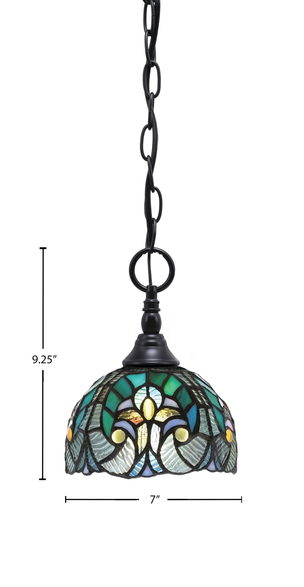 Chain One Light Mini Pendant in Matte Black with Turquoise Cypress Art Glass Shade