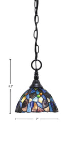 Chain One Light Mini Pendant in Matte Black with Blue Mosaic Art Glass Shade