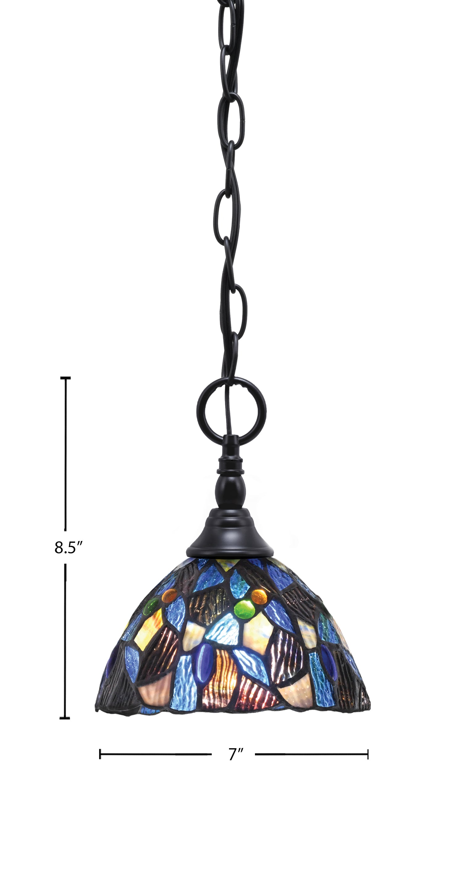 Chain One Light Mini Pendant in Matte Black with Blue Mosaic Art Glass Shade