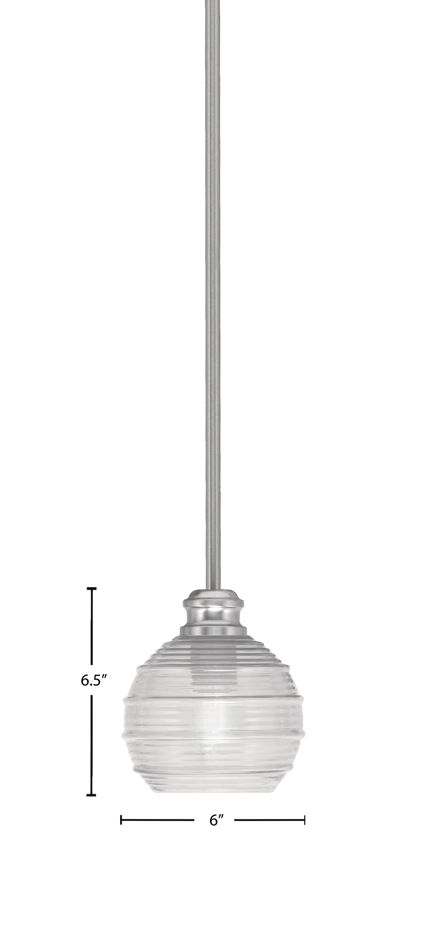 Edge One Light Mini Pendant in Brushed Nickel with 6" Clear Ribbed Shade