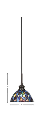 Edge One Light Mini Pendant in Espresso with 7" Blue Mosaic Art Glass Shade