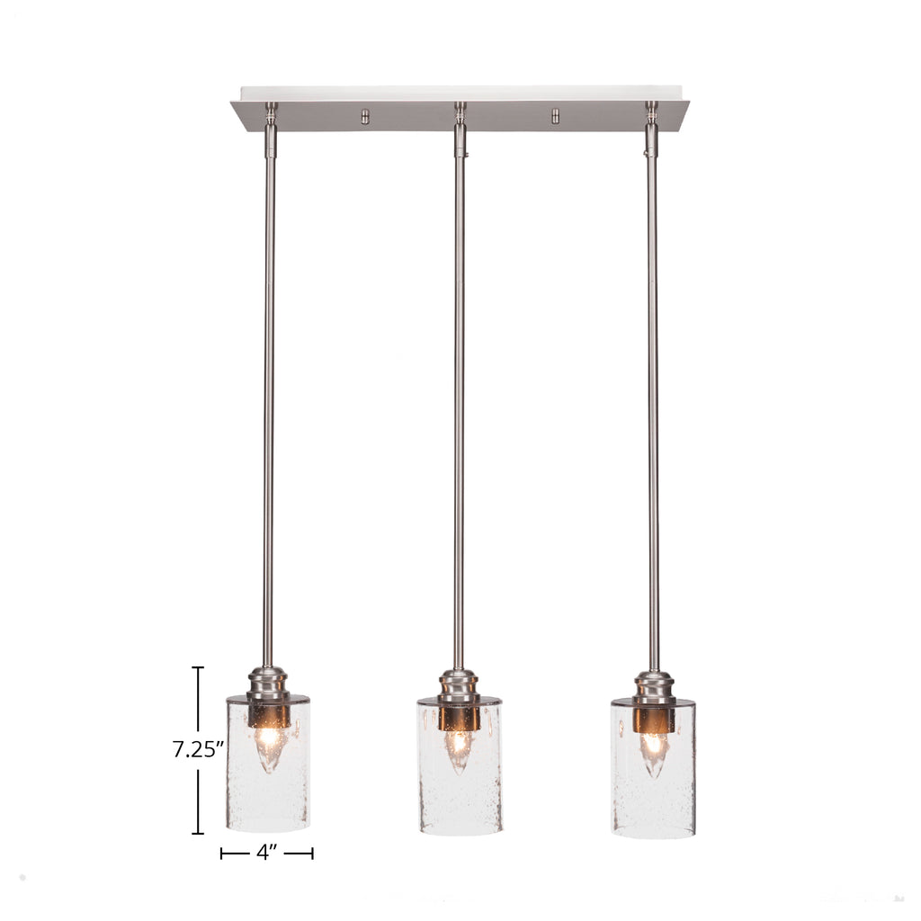 Edge Three Light Linear Pendalier in Brushed Nickel with 4" Clear Bubble Shade