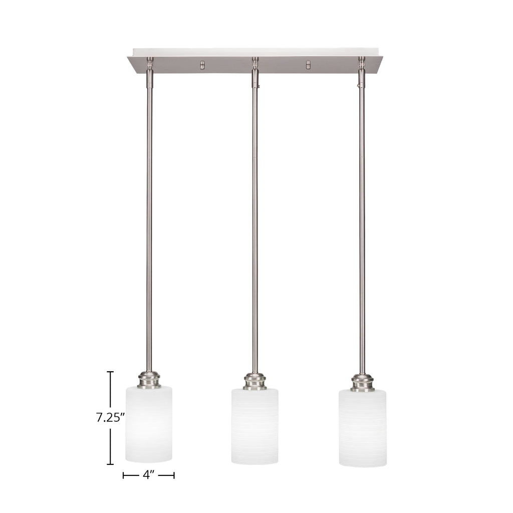 Edge Three Light Linear Pendalier in Brushed Nickel with 4" White Matrix Shade