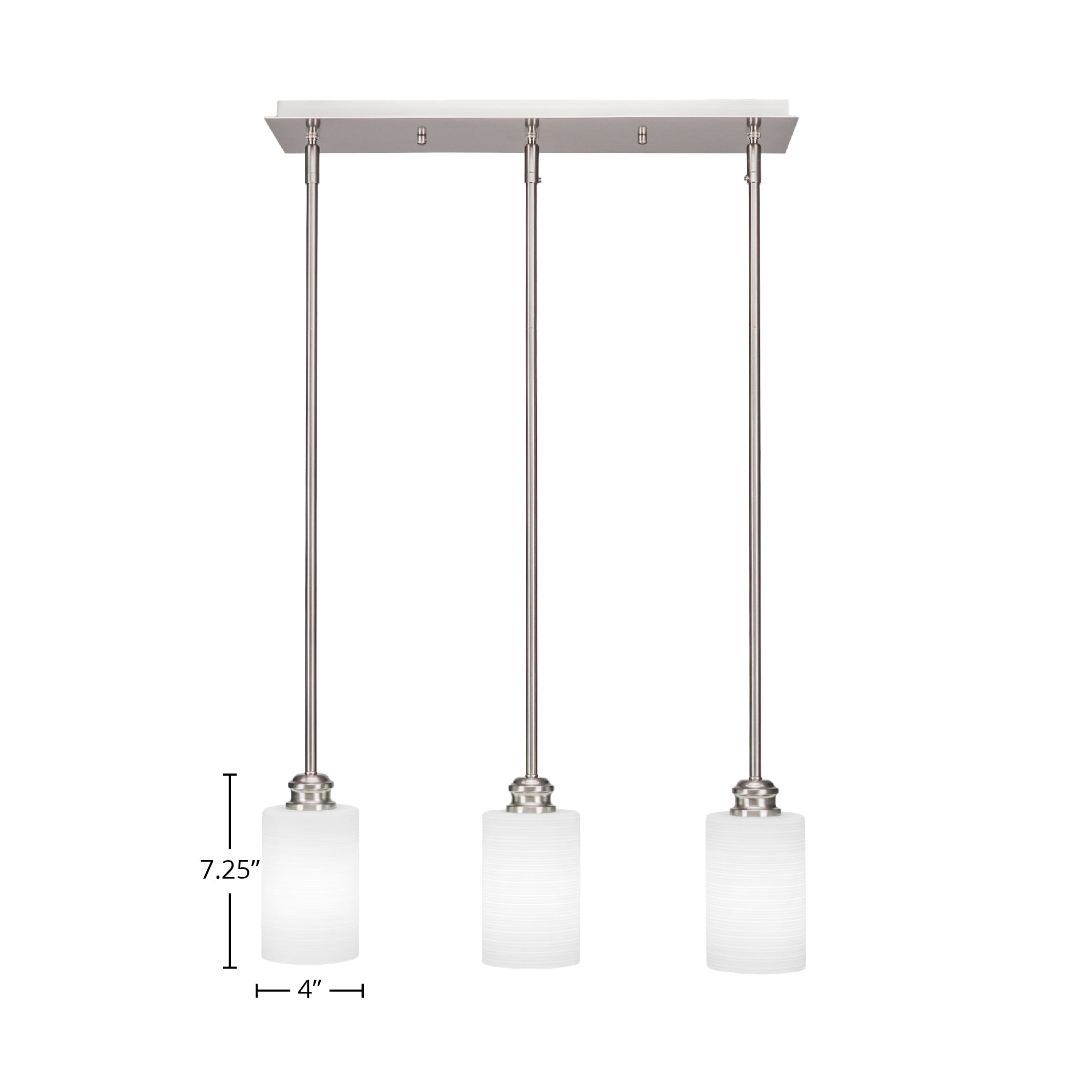 Edge Three Light Linear Pendalier in Brushed Nickel with 4" White Matrix Shade