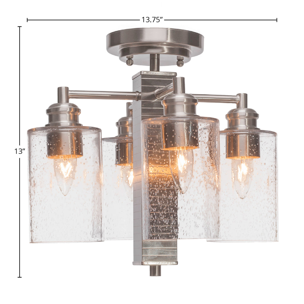 Edge Four Light Semi-Flush Mount in Brushed Nickel with 4" Clear Bubble Shade