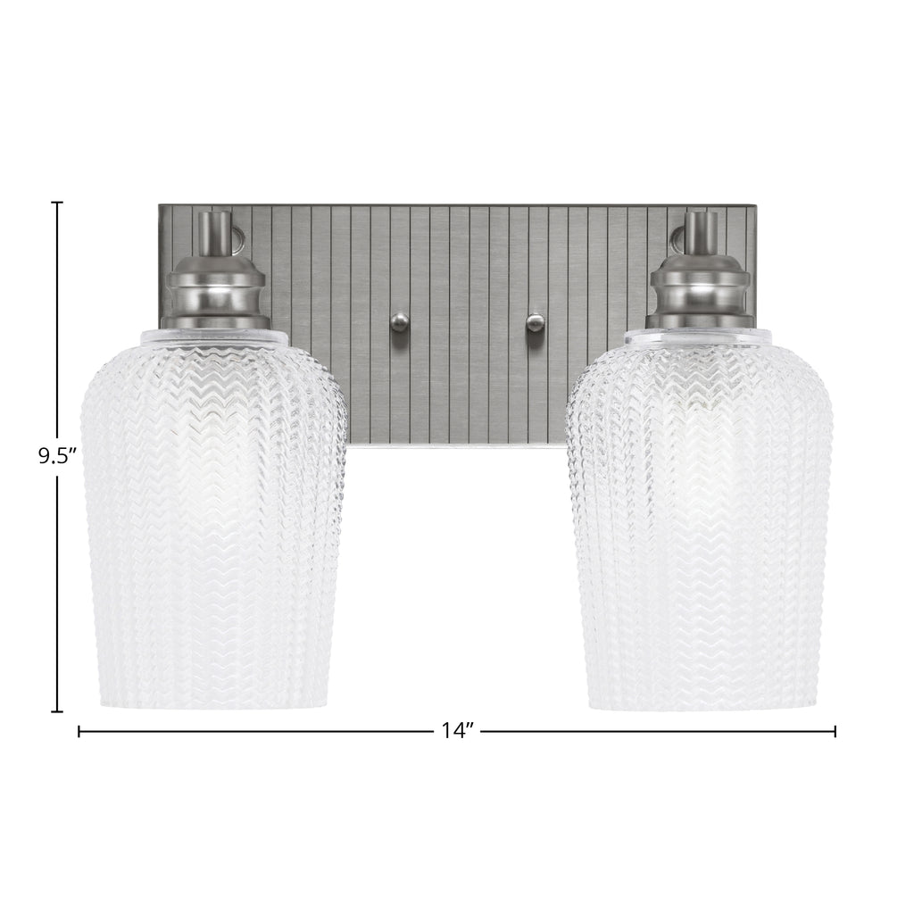 Edge Two Light Bath Bar in Brushed Nickel with 5" Clear Textured Shade