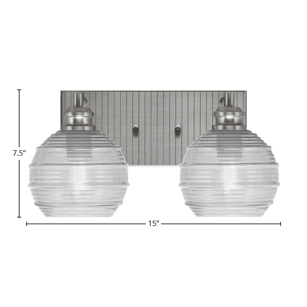 Edge Two Light Bath Bar in Brushed Nickel with 6" Clear Ribbed Shade