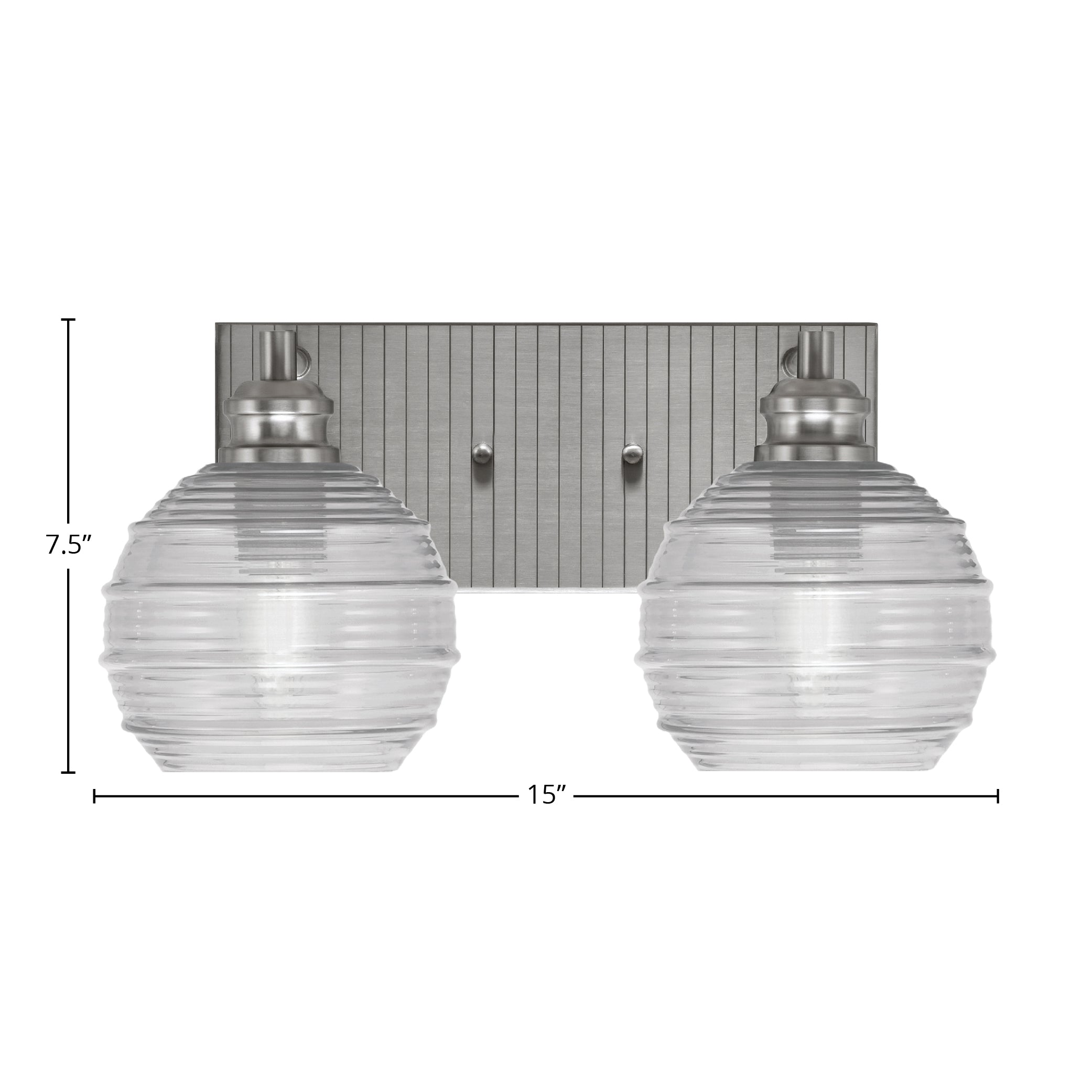 Edge Two Light Bath Bar in Brushed Nickel with 6" Clear Ribbed Shade