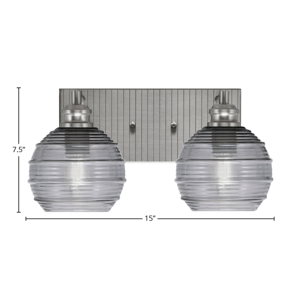 Edge Two Light Bath Bar in Brushed Nickel with 6" Smoke Ribbed Shade