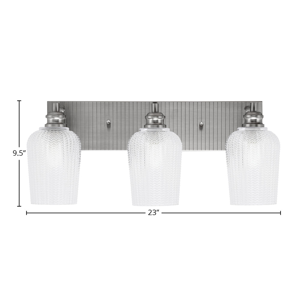 Edge Three Light Bath Bar in Brushed Nickel with 5" Clear Textured Shade