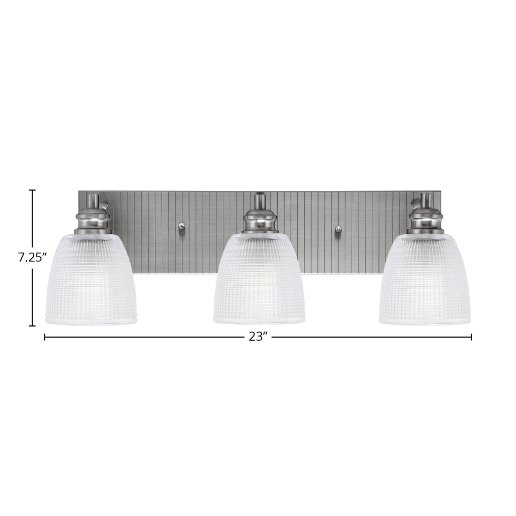 Edge Three Light Bath Bar in Brushed Nickel with 5" Clear Ribbed Shade