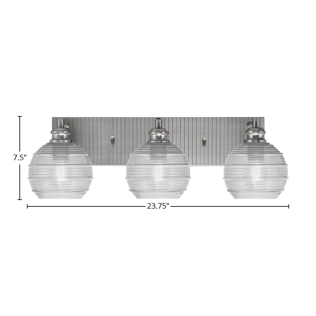 Edge Three Light Bath Bar in Brushed Nickel with 6" Clear Ribbed Shade