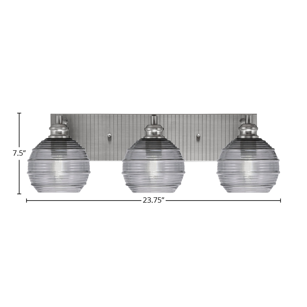 Edge Three Light Bath Bar in Brushed Nickel with 6" Smoke Ribbed Shade