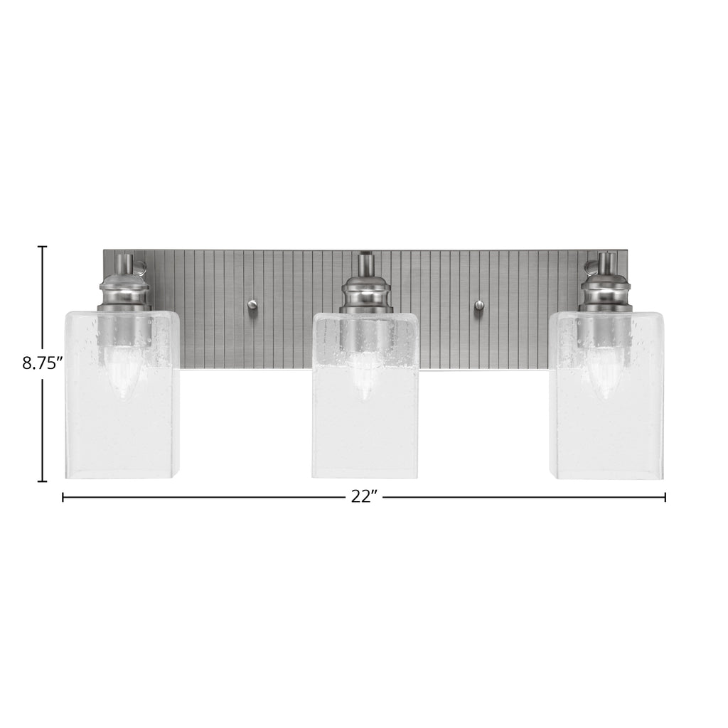 Edge Three Light Bath Bar in Brushed Nickel with 4" Square Clear Bubble Shade