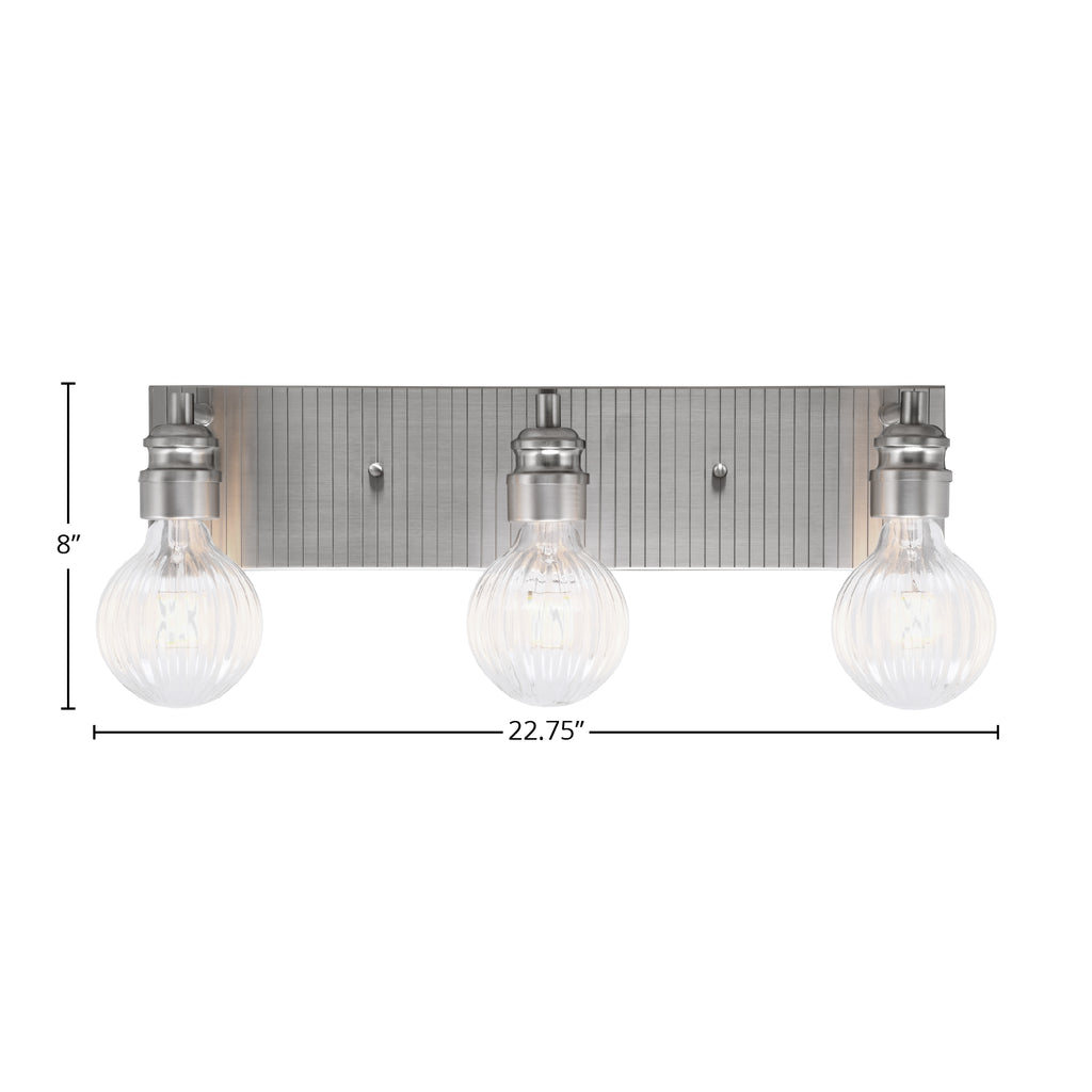 Edge Three Light Bath Bar in Brushed Nickel with Ribbed Clear LED Bulb Shade