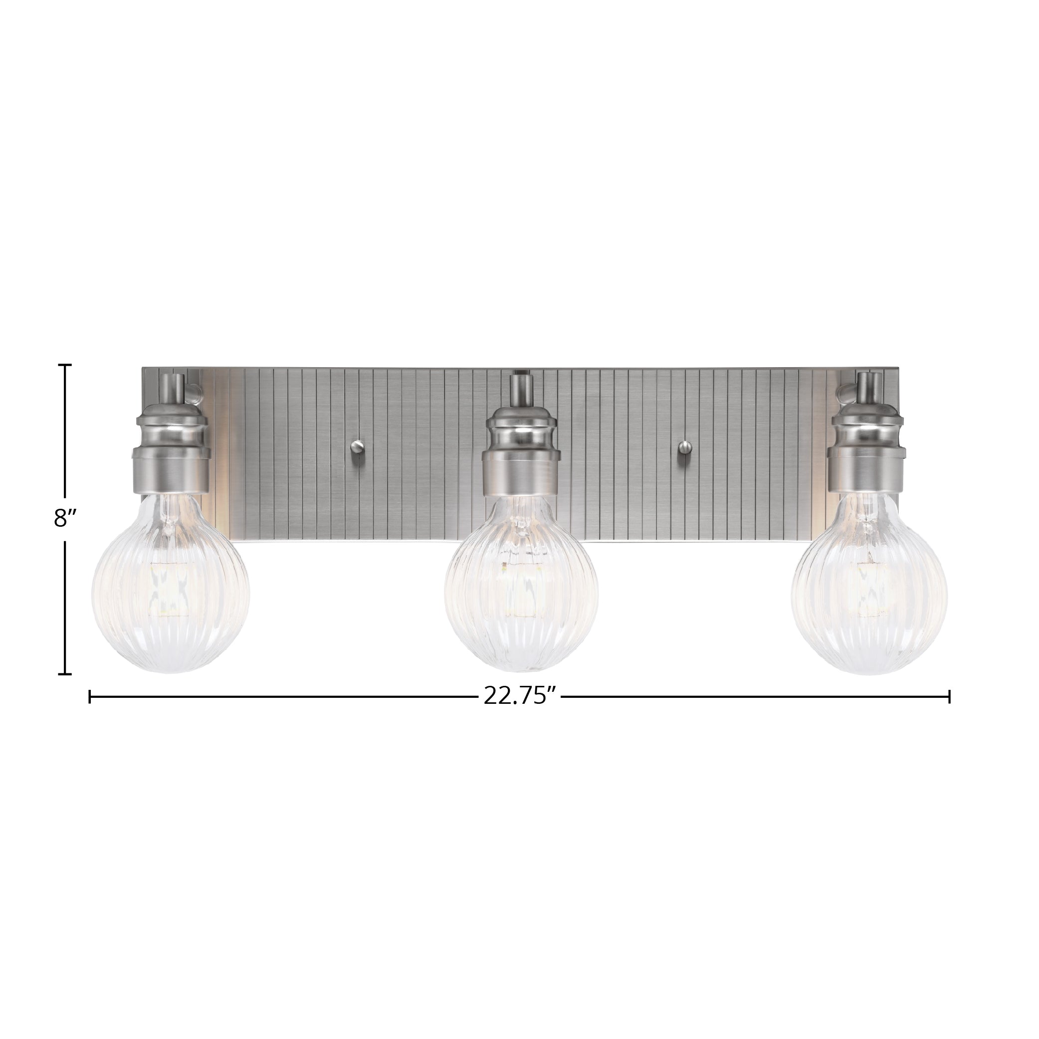 Edge Three Light Bath Bar in Brushed Nickel with Ribbed Clear LED Bulb Shade
