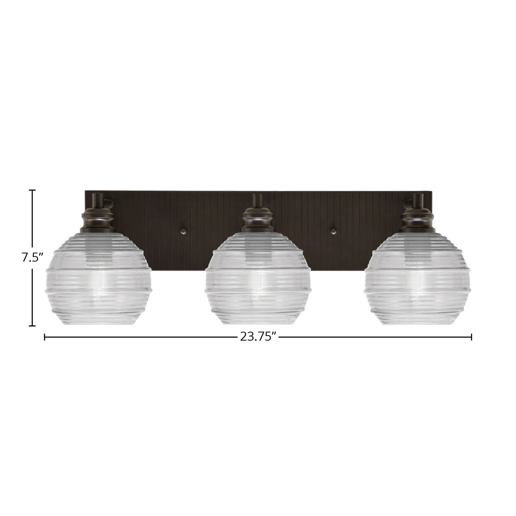 Edge Three Light Bath Bar in Espresso with 6" Clear Ribbed Shade