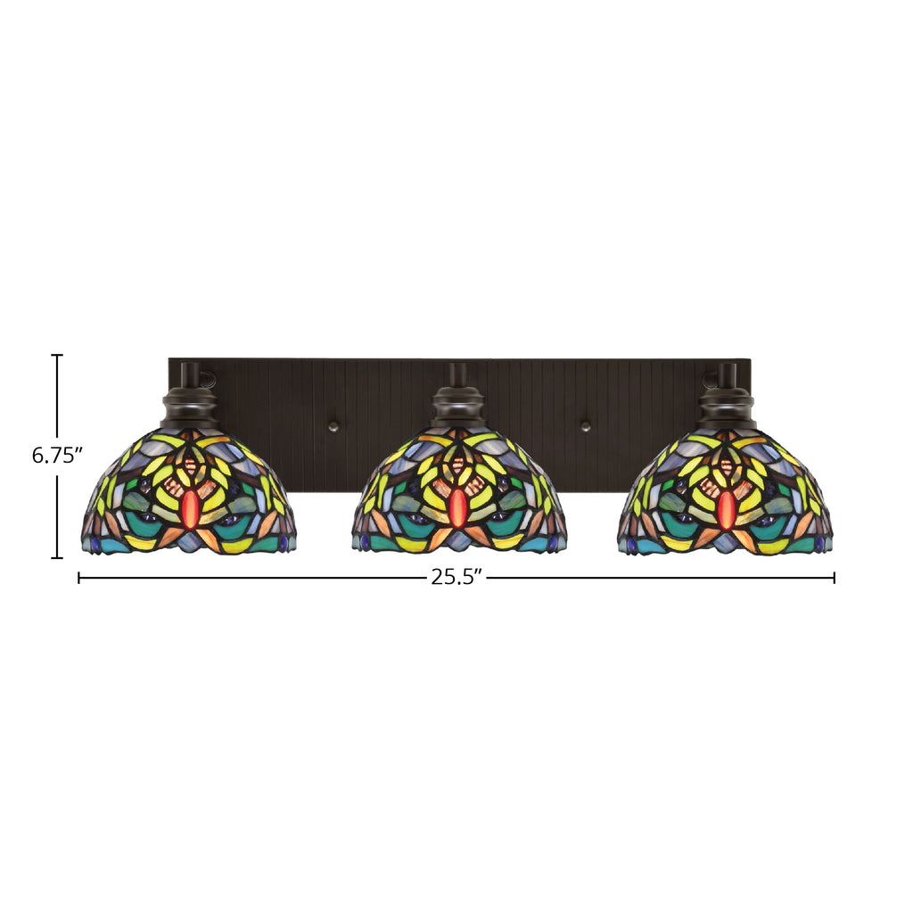 Edge Three Light Bath Bar in Espresso with 7" Kaleidoscope Art Glass Shade