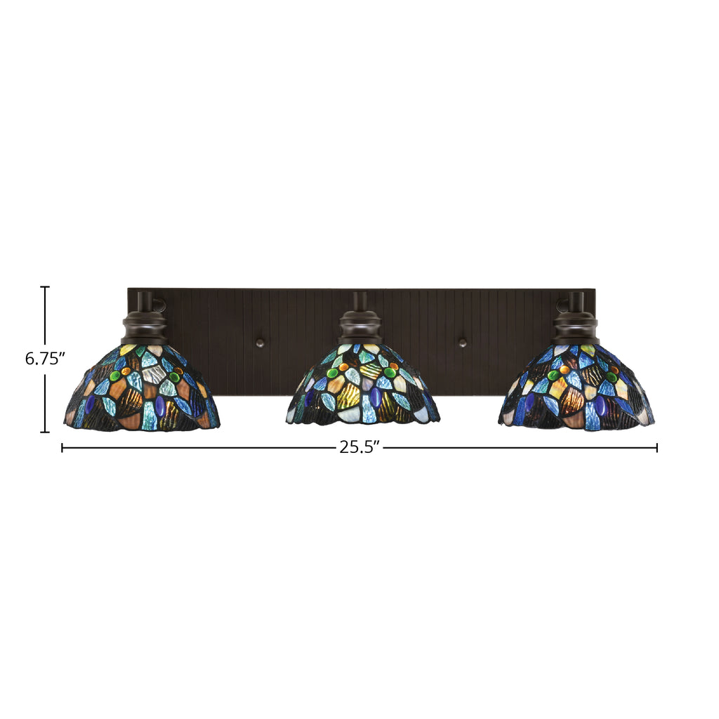 Edge Three Light Bath Bar in Espresso with 7" Blue Mosaic Art Glass Shade