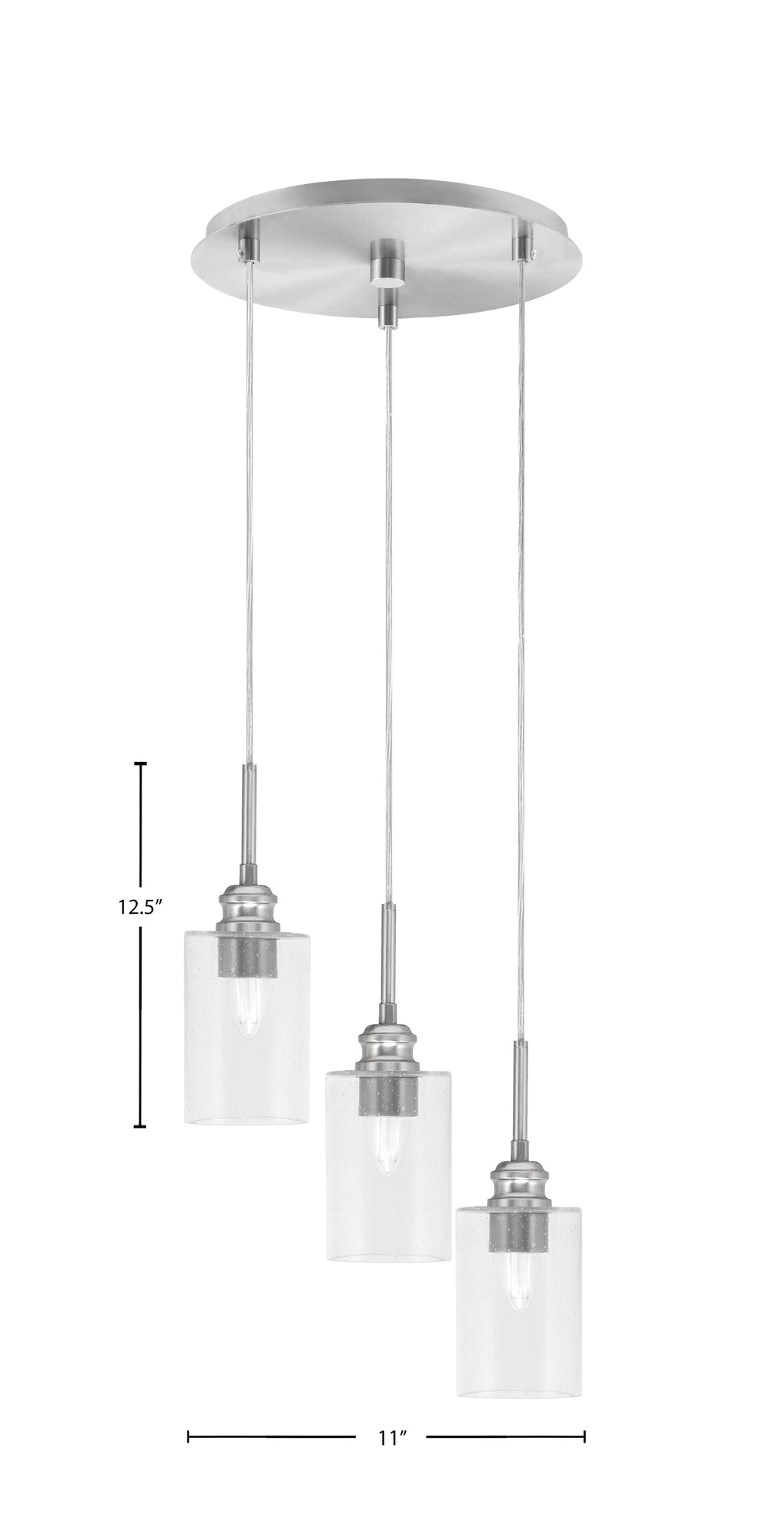 Edge Three Light Cluster Pendalier in Brushed Nickel with 4" Clear Bubble Shade
