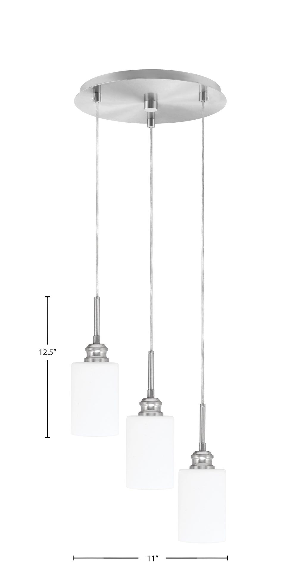 Edge Three Light Cluster Pendalier in Brushed Nickel with 4" White Muslin Shade