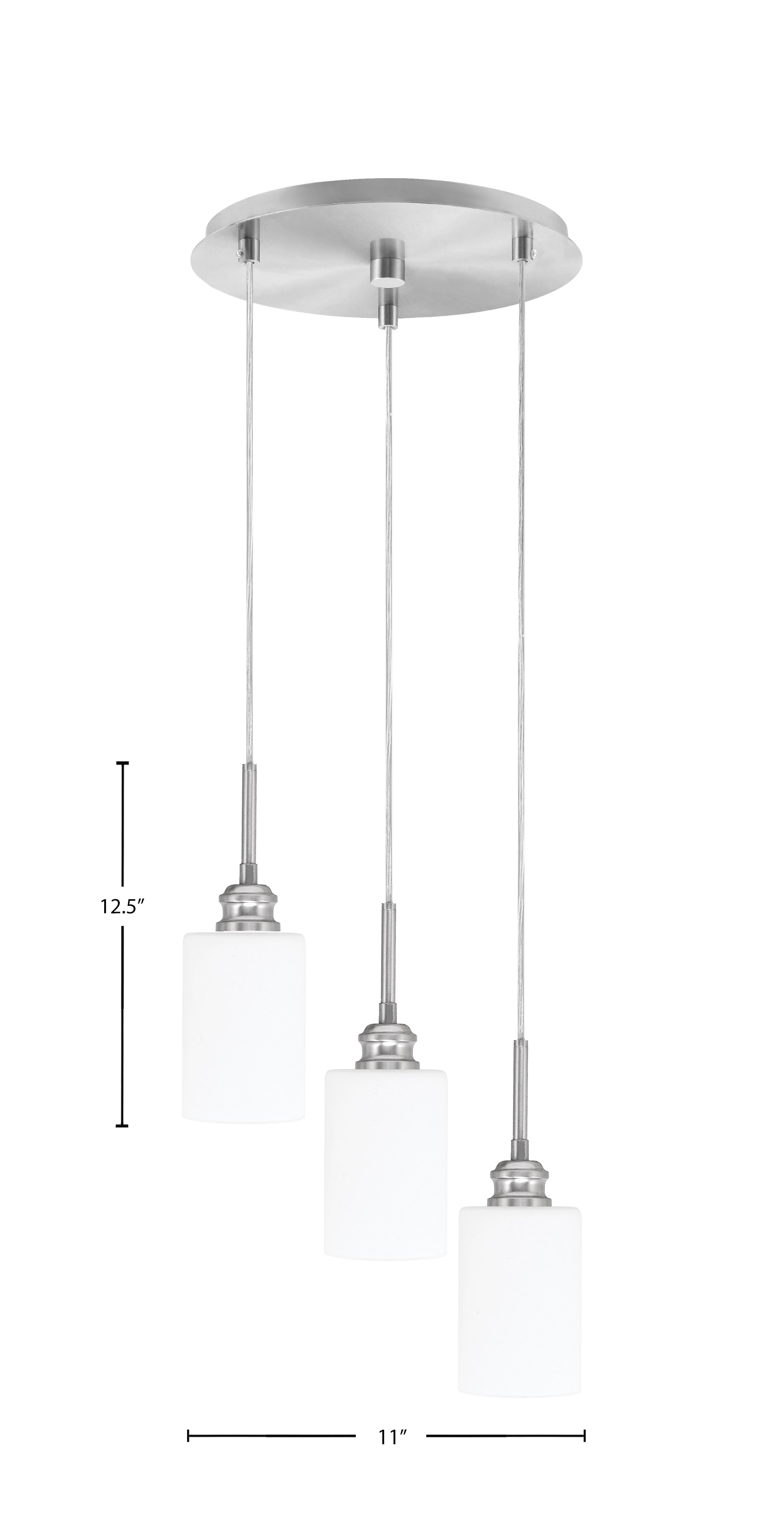 Edge Three Light Cluster Pendalier in Brushed Nickel with 4" White Muslin Shade