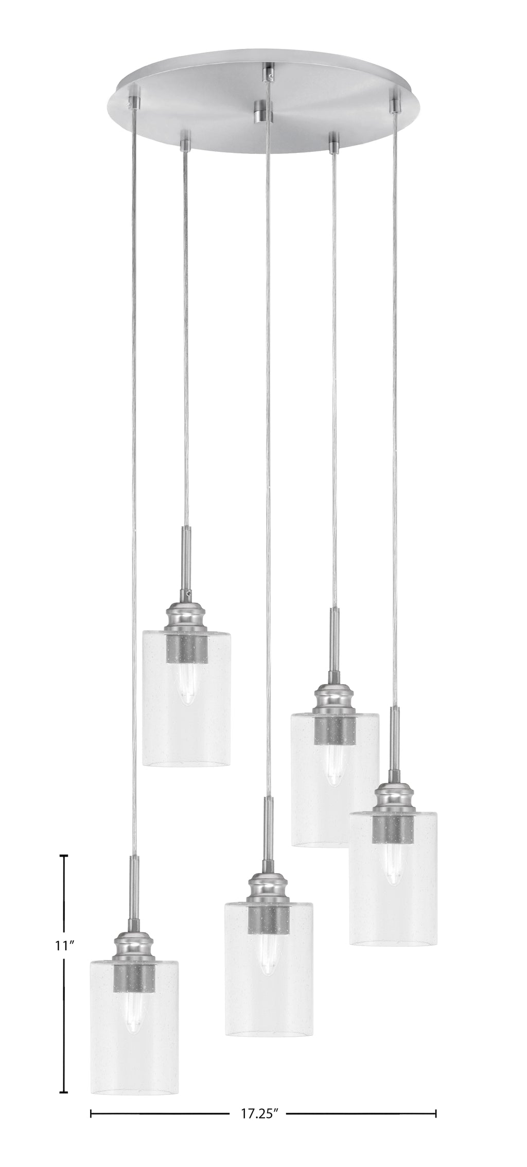 Edge Five Light Cluster Pendalier in Brushed Nickel with 4" Clear Bubble Shade